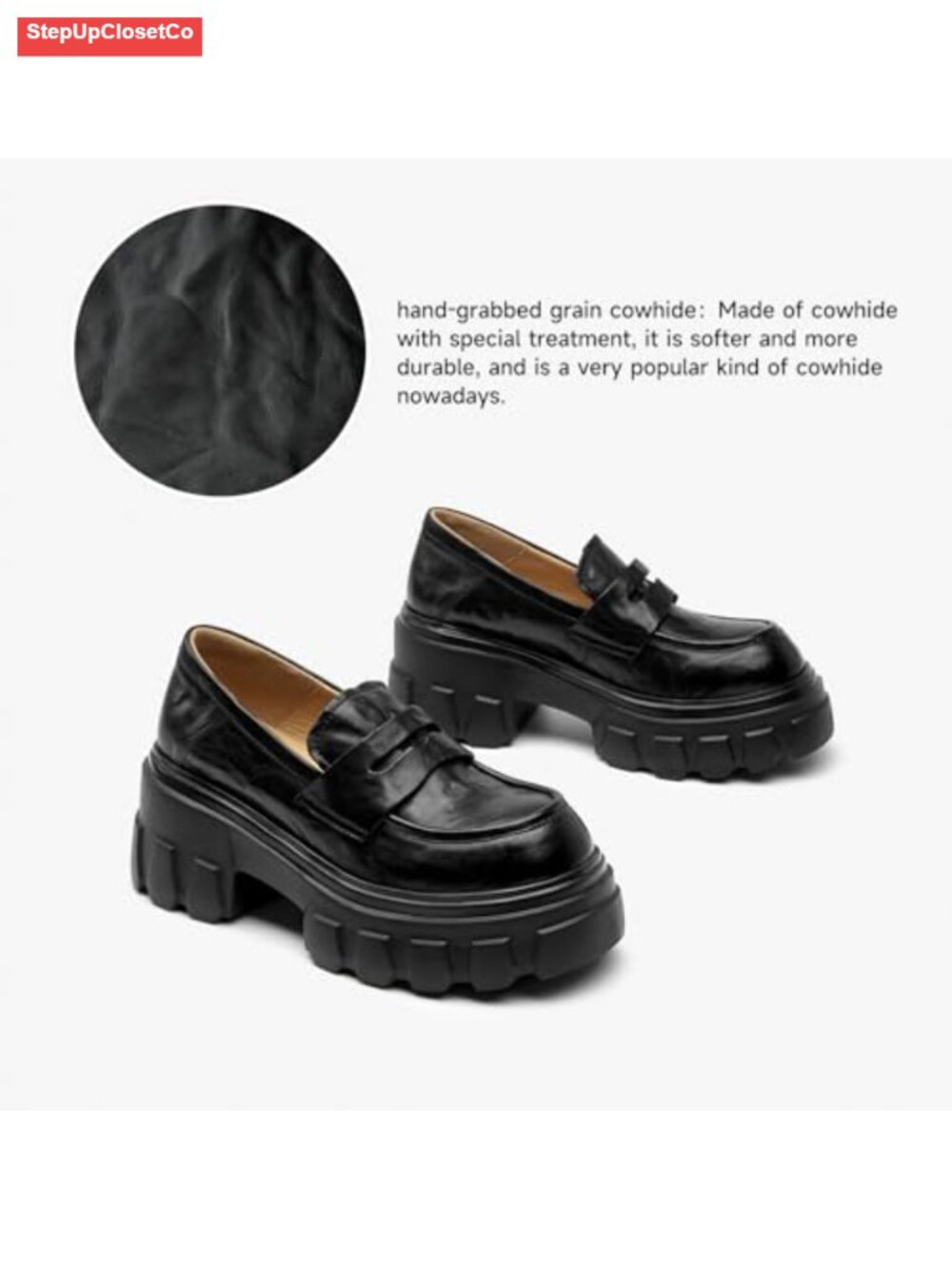 Women's 100% Cowhide Leather Platform Loafers Chunky Lug Sole - Picture 3 of 6